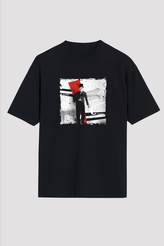 Charlie Chaplin Baskılı Unisex Siyah Oversize Tişört