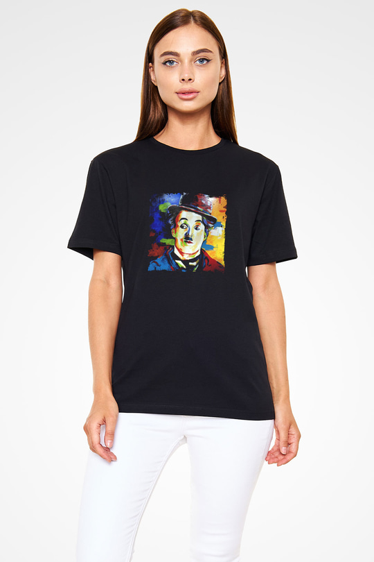 Charlie Chaplin Baskılı Unisex Siyah Tişört