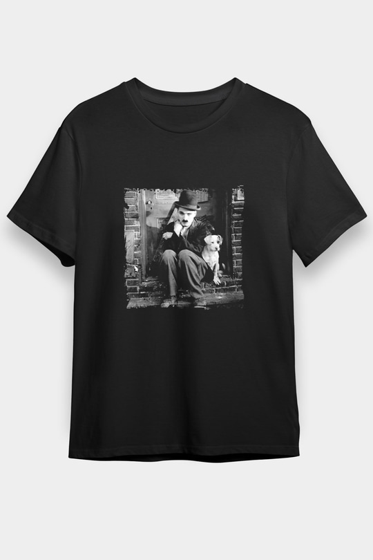 Charlie Chaplin Baskılı Unisex Siyah Tişört