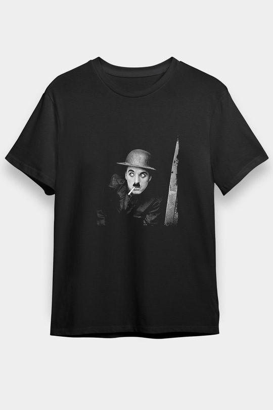 Charlie Chaplin Baskılı Unisex Siyah Tişört