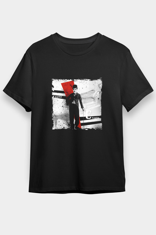 Charlie Chaplin Baskılı Unisex Siyah Tişört
