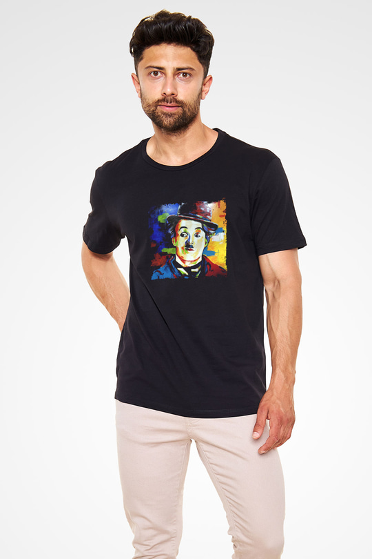 Charlie Chaplin Baskılı Unisex Siyah Tişört