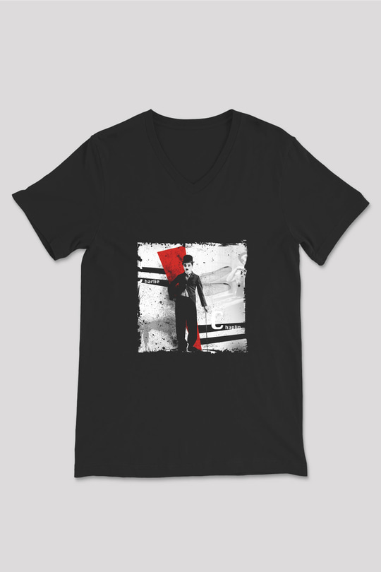 Charlie Chaplin Baskılı Unisex Siyah V Yaka Tişört