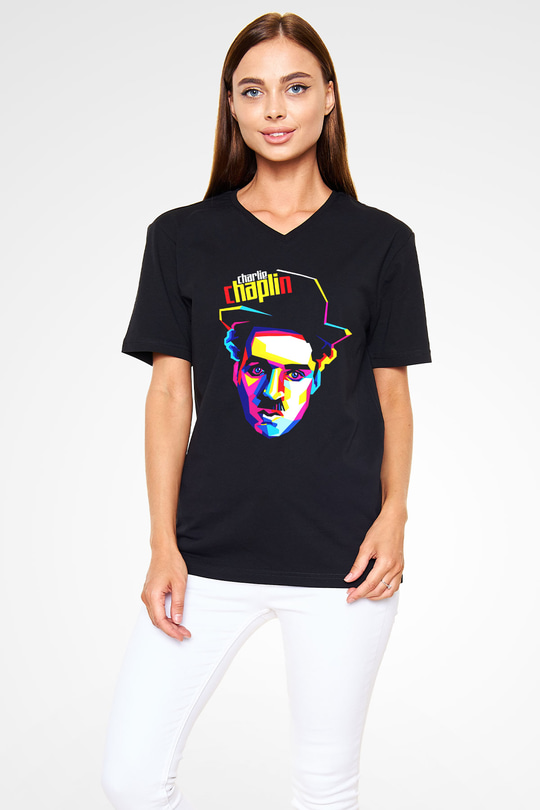 Charlie Chaplin Siyah Unisex V Yaka Tişört T-Shirt