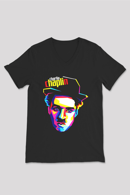 Charlie Chaplin Siyah Unisex V Yaka Tişört T-Shirt