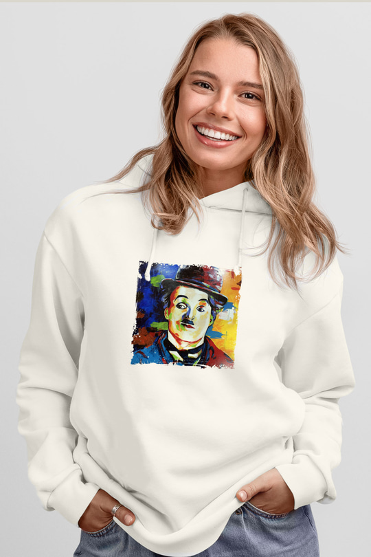 Charlie Chaplin Unisex Baskılı Beyaz Kapüşonlu Sweatshirt