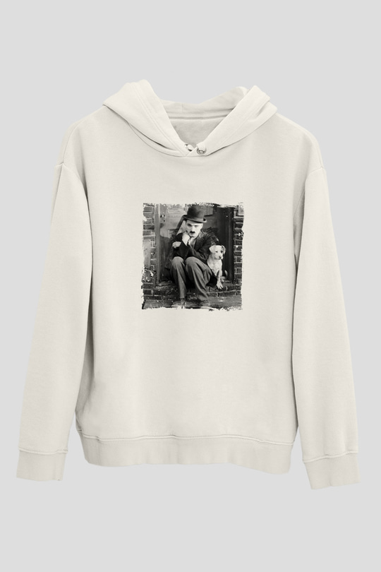 Charlie Chaplin Unisex Baskılı Beyaz Kapüşonlu Sweatshirt