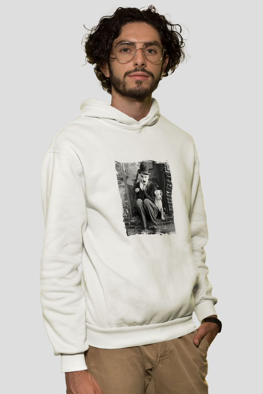 Charlie Chaplin Unisex Baskılı Beyaz Kapüşonlu Sweatshirt