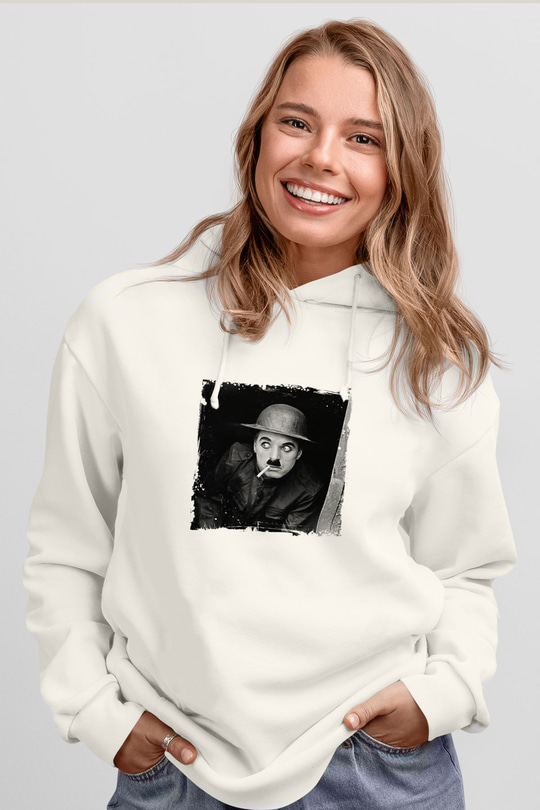 Charlie Chaplin Unisex Baskılı Beyaz Kapüşonlu Sweatshirt