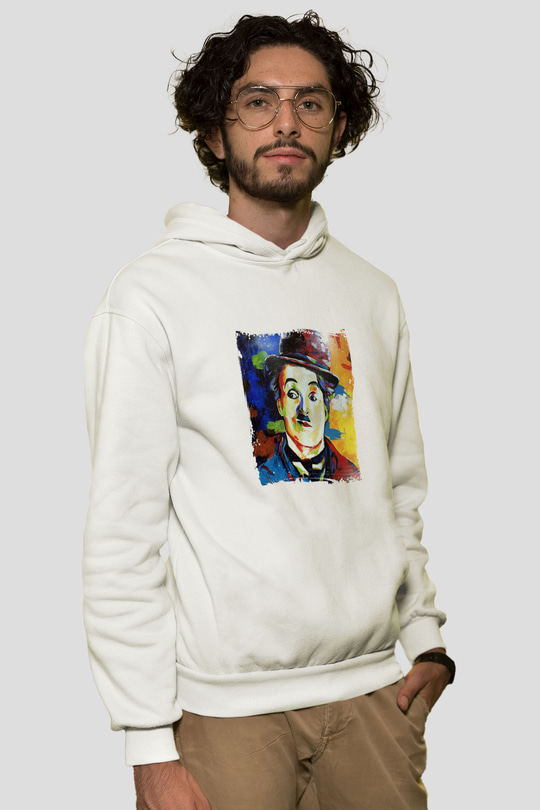 Charlie Chaplin Unisex Baskılı Beyaz Kapüşonlu Sweatshirt