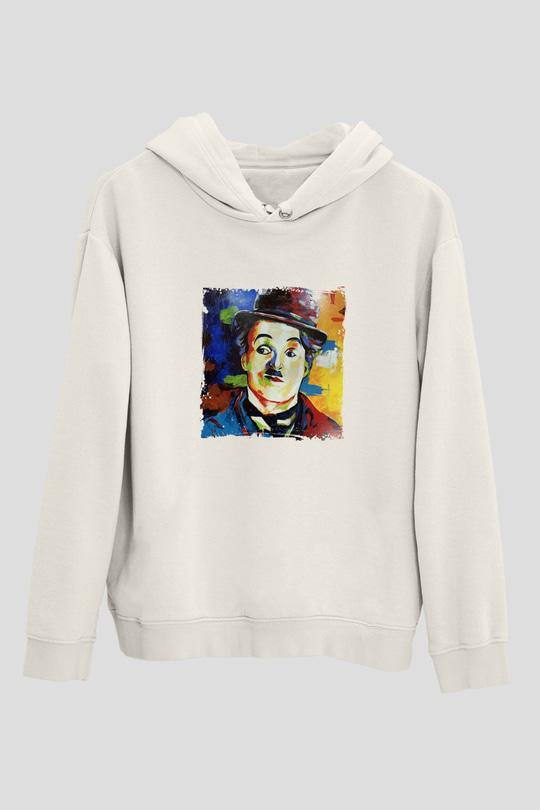 Charlie Chaplin Unisex Baskılı Beyaz Kapüşonlu Sweatshirt