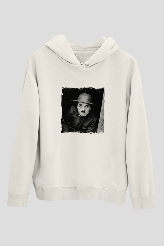 Charlie Chaplin Unisex Baskılı Beyaz Kapüşonlu Sweatshirt