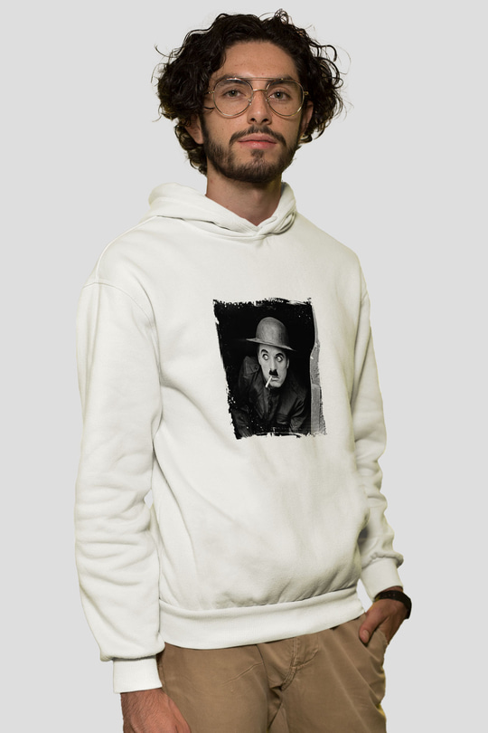 Charlie Chaplin Unisex Baskılı Beyaz Kapüşonlu Sweatshirt