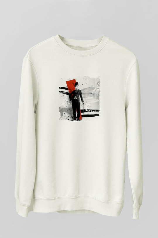 Charlie Chaplin Unisex Baskılı Beyaz Sweatshirt