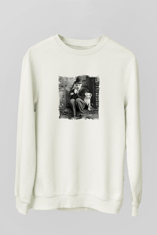 Charlie Chaplin Unisex Baskılı Beyaz Sweatshirt