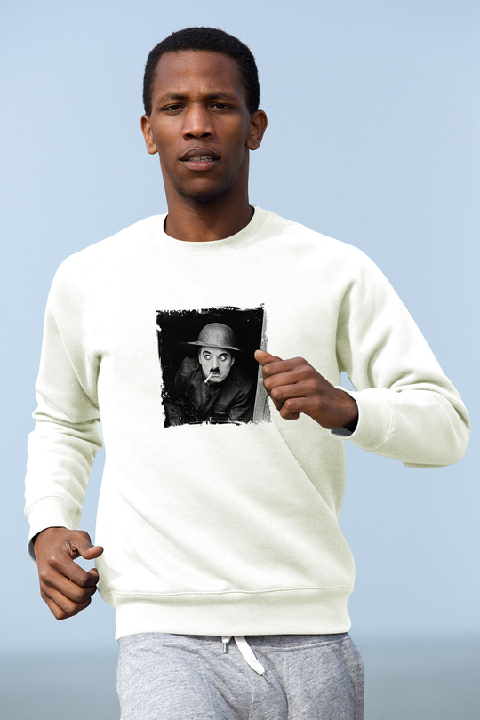 Charlie Chaplin Unisex Baskılı Beyaz Sweatshirt
