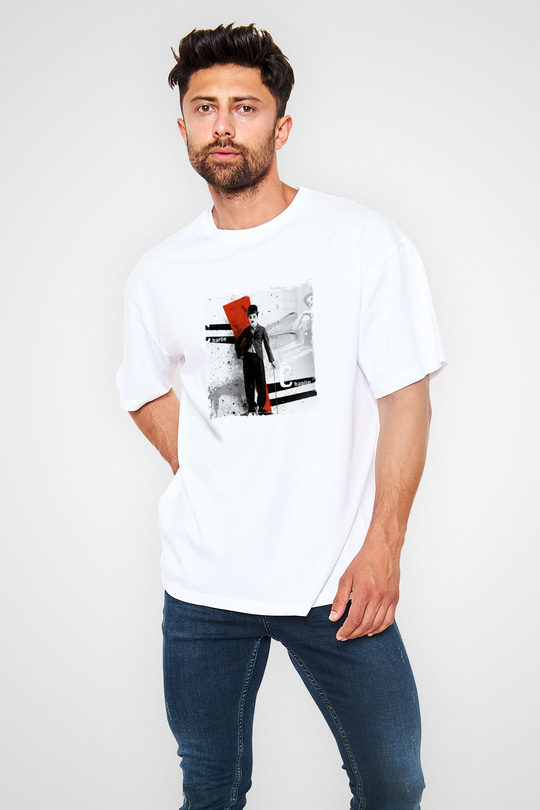 Charlie Chaplin Oversize Baskılı Beyaz Tişört