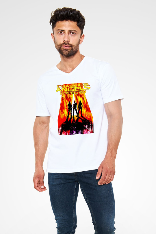 Charlies Angels Beyaz Unisex  V Yaka Tişört