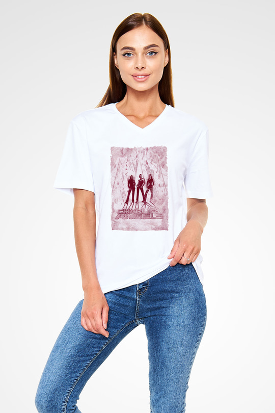 Charlies Angels Beyaz Unisex  V Yaka Tişört