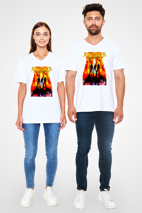 Charlies Angels Beyaz Unisex  V Yaka Tişört