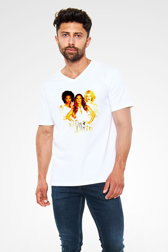 Charlies Angels Beyaz Unisex  V Yaka Tişört