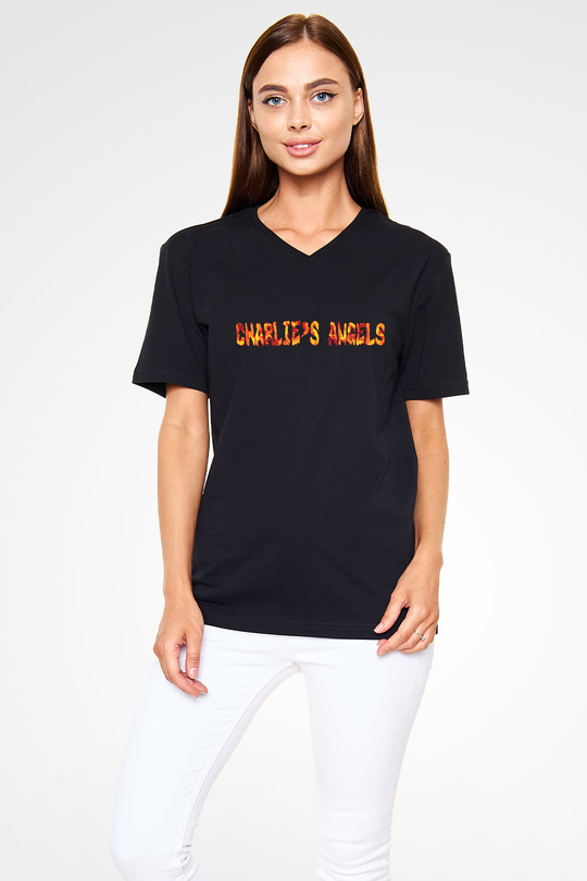 Charlies Angels Siyah Unisex  V Yaka Tişört