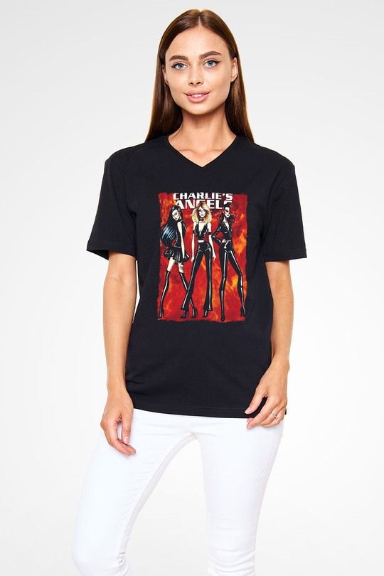 Charlies Angels Siyah Unisex  V Yaka Tişört