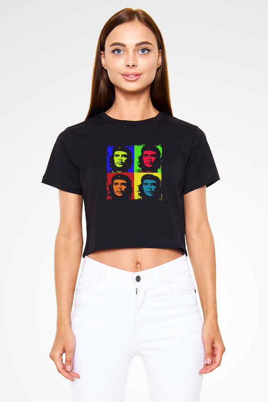 Che Guevara Baskılı Siyah Kadın Crop Top Tişört