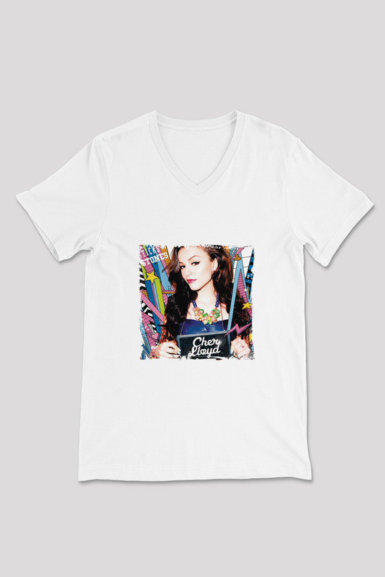 Cher Lloyd Baskılı Beyaz V Yaka Unisex Tişört