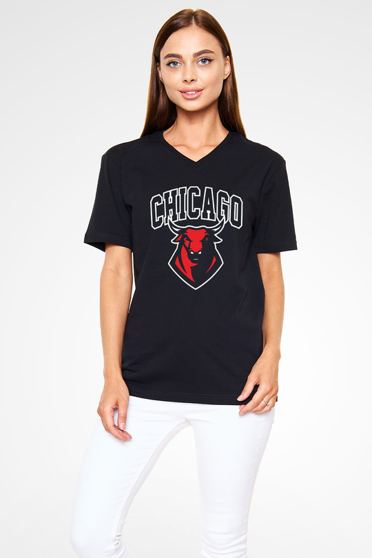 Chicago Bulls Siyah Unisex V Yaka Tişört T-Shirt