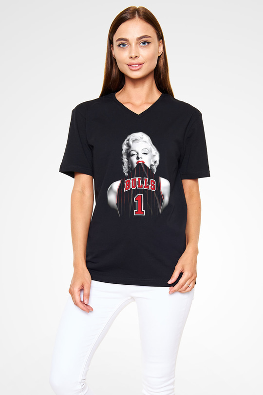 Chicago Bulls Siyah Unisex V Yaka Tişört T-Shirt