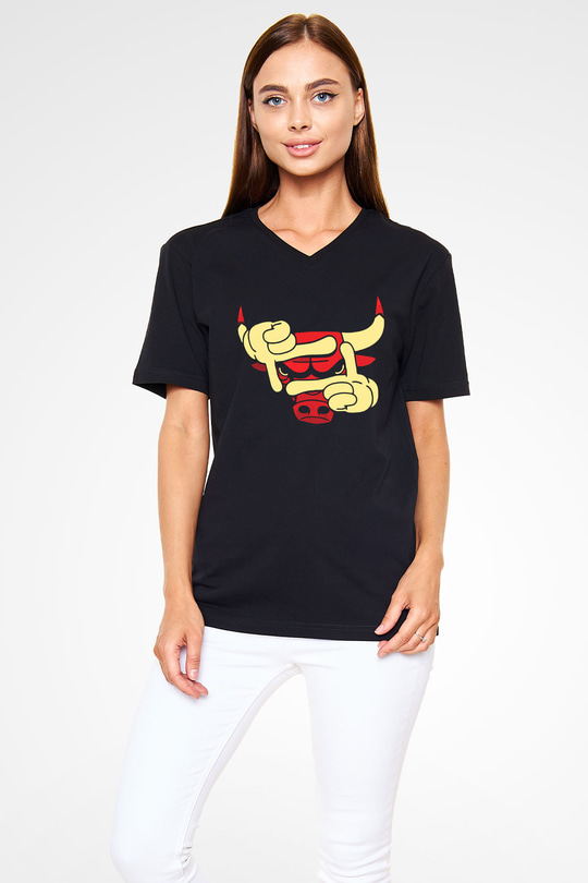 Chicago Bulls Siyah Unisex V Yaka Tişört T-Shirt