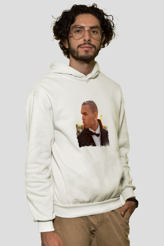 Chris Brown Baskılı Unisex Beyaz Kapüşonlu Sweatshirt