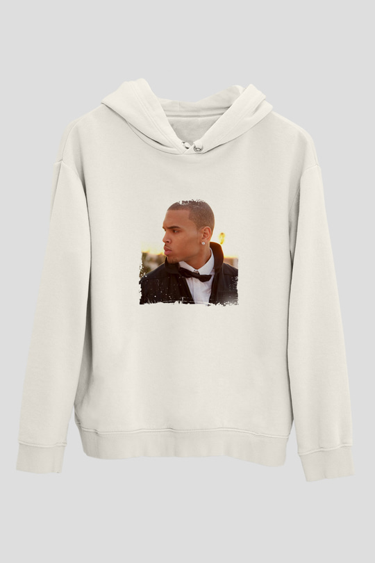 Chris Brown Baskılı Unisex Beyaz Kapüşonlu Sweatshirt