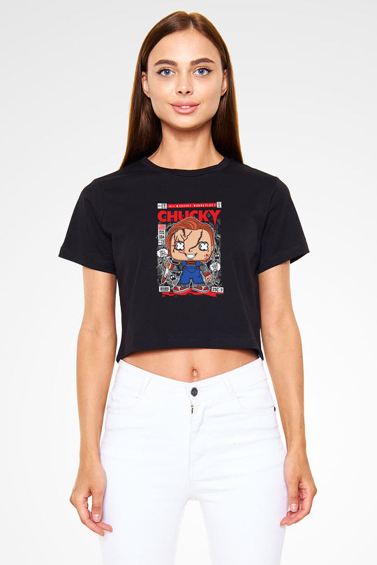 Chucky Baskılı  Siyah  Crop Top Tişört