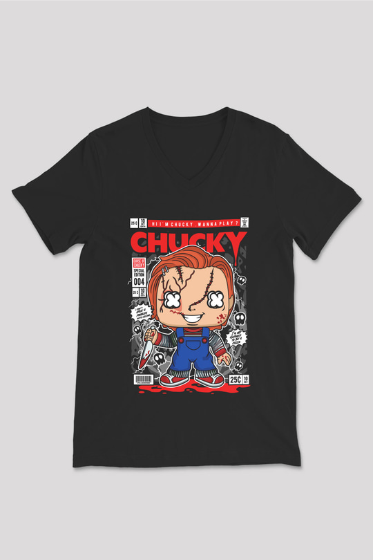 Chucky Baskılı Unisex Siyah V Yaka Tişört
