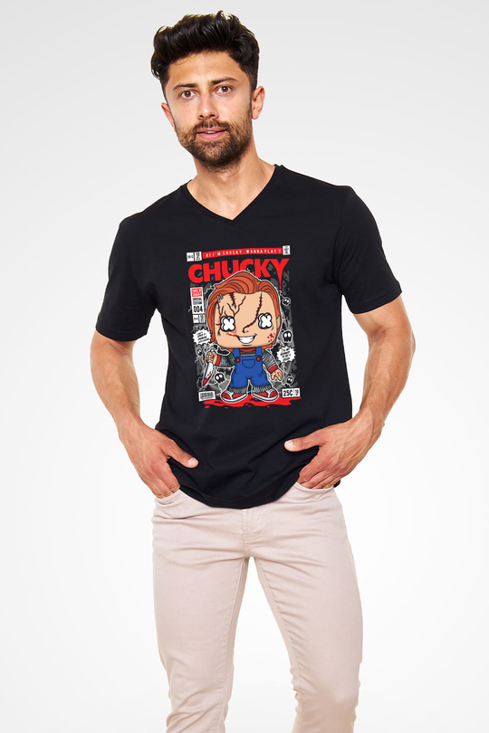 Chucky Baskılı Unisex Siyah V Yaka Tişört