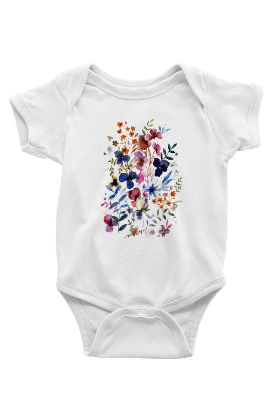 Çiçek Baskılı Beyaz Unisex Bebek Body - Zıbın