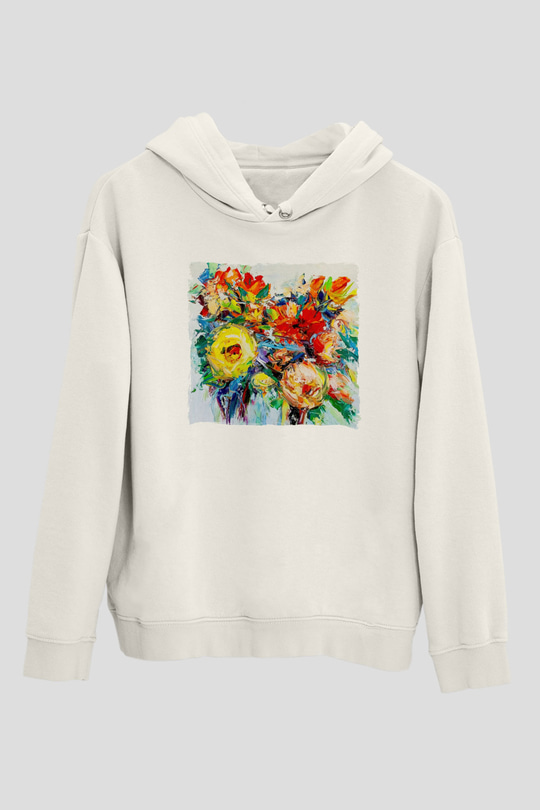 Çiçek Beyaz Unisex Hoodie