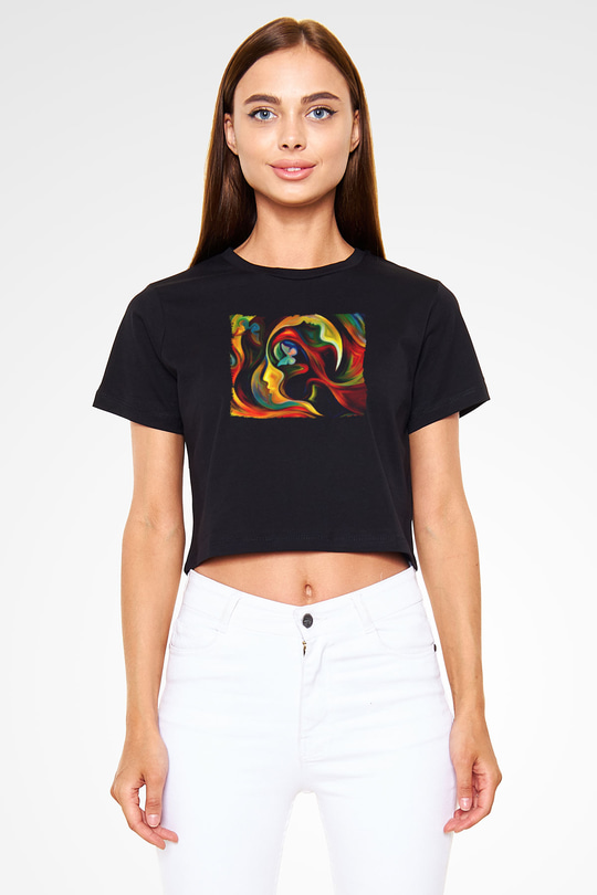 Çiçek Siyah  Crop Top Tişört
