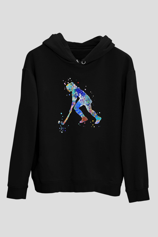 Çim Hokeyi - Field Hockey Baskılı Unisex Siyah Hoodie