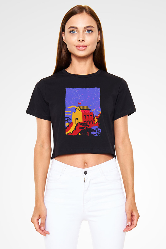 Çin Seddi Siyah  Crop Top Tişört