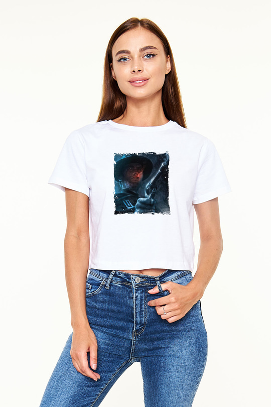 Clint Eastwood Baskılı Beyaz Kadın Crop Top Tişört