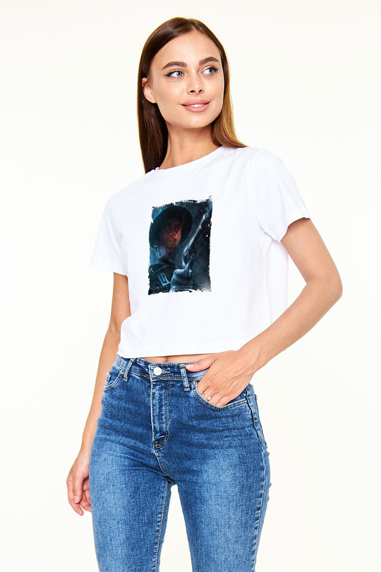 Clint Eastwood Baskılı Beyaz Kadın Crop Top Tişört