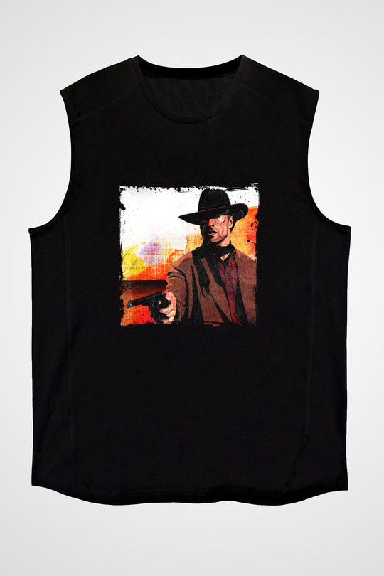 Clint Eastwood Baskılı Unisex Siyah Kolsuz Tişört