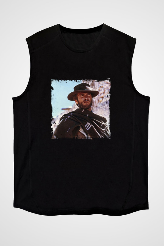 Clint Eastwood Baskılı Unisex Siyah Kolsuz Tişört