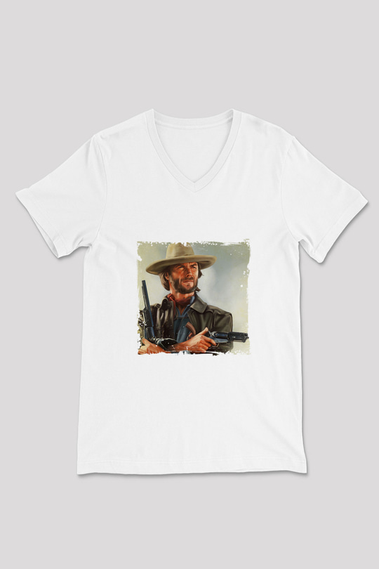 Clint Eastwood Baskılı V Yaka Unisex Beyaz Tişört