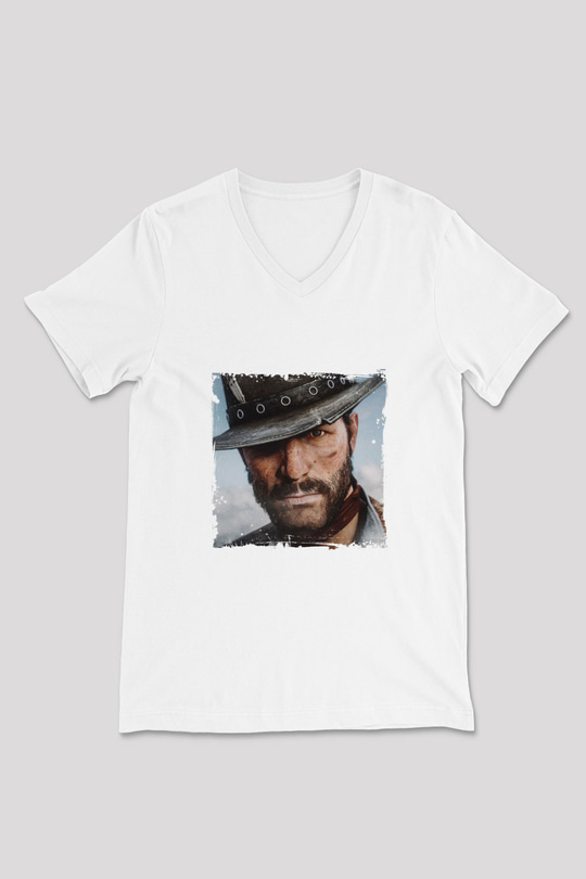 Clint Eastwood Baskılı V Yaka Unisex Beyaz Tişört