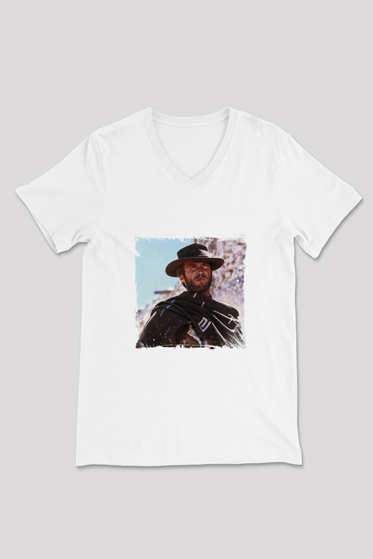Clint Eastwood Baskılı V Yaka Unisex Beyaz Tişört