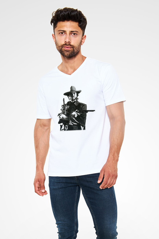 Clint Eastwood Beyaz Unisex V Yaka Tişört T-Shirt